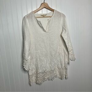 etcetera blouse Size 4 White Sheer Lace Trim Linen Blend Top Breathable